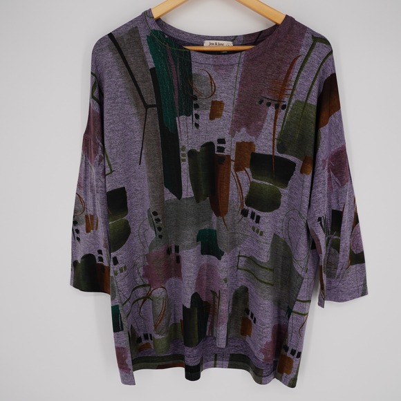 Jess & Jane Abstract Artsy Tunic Top Womens L Purple Slinky Knit USA Lagenlook - Picture 10 of 11